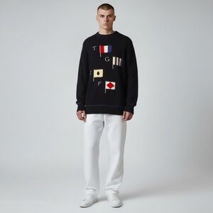 Vintage Men’s Flag Sweater Navy Blue Crewneck size  Large preppy Y2K nautical